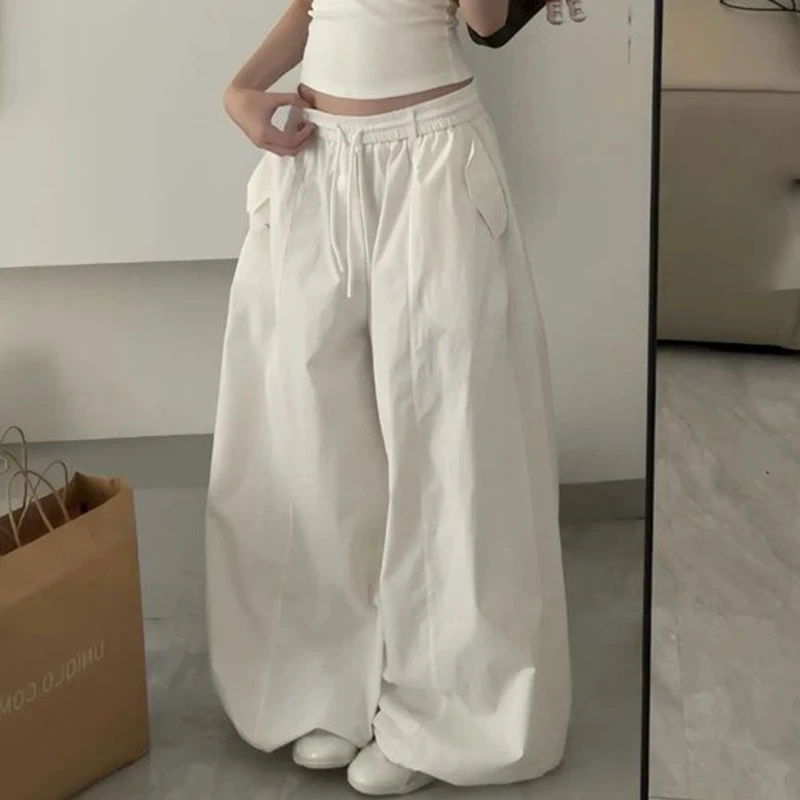 سريعة الجافة تنفس بنطال ذو قصة أرجل واسعة النساء الأبيض الجاز الهيب هوب السراويل الأمريكية فضفاضة كسول Harajuku Y2K بناطيل الشارع غير رسمية