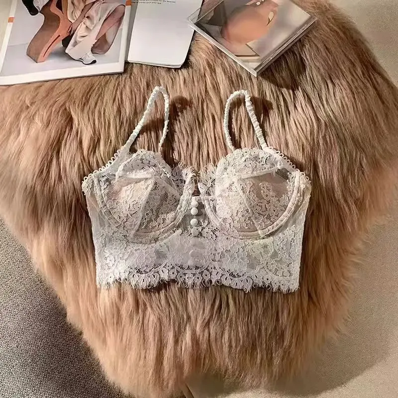 

Sexy Lace Bralette Women's Thin Strap Retro Style Anti-Sagging Vest Top Full Coverage Comfortable Breathable Gathered Underwear