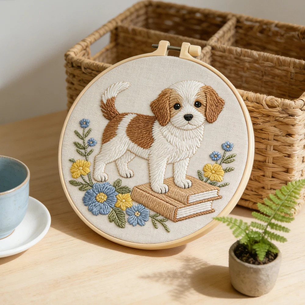 DIY Stickerei Hundebuch Kreuzstich-Sets Tier Welpen Blumenmuster Kunstwerk Nähzubehör Set für Anfänger Handgemachtes Geschenk
