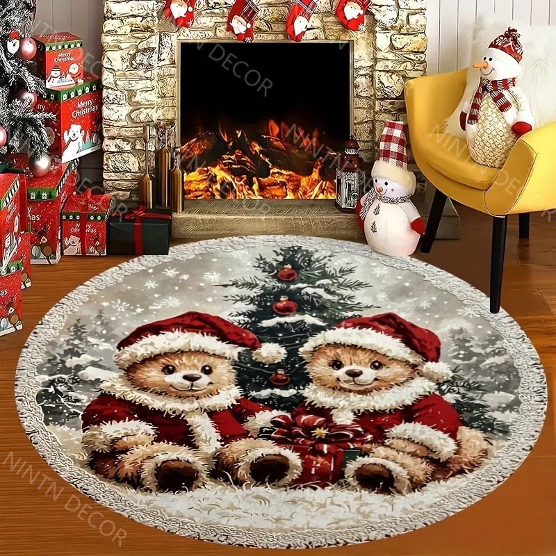 Christmas Teddy Bear Round Carpet Santa Bear Gift Print Circle Floor Carpet for Living Room Indoor Xmas Home Decor Round Carpet