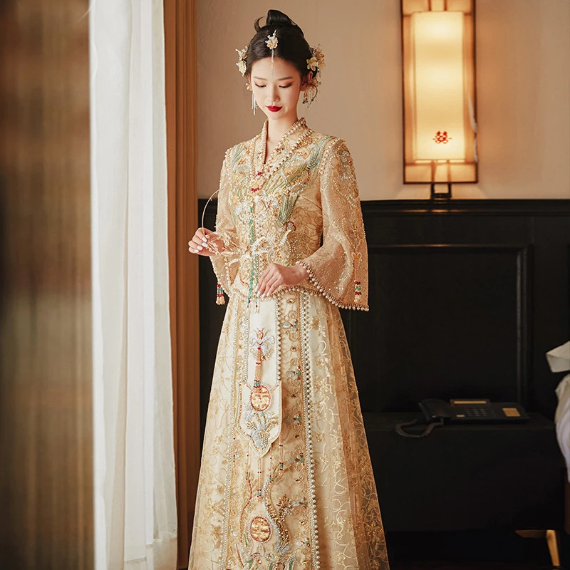 

Yourqipao Champagne Gold Xiuhe Clothing 2023 Bride Chinese Wedding Dress Traditional Ancient Custumes Princess Bridal Gowns Robe