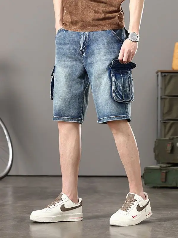 Retro workwear masculino verão denim orts perna reta motocicleta equitação grande ket fino ajuste calças de cinco quartos juventude faion