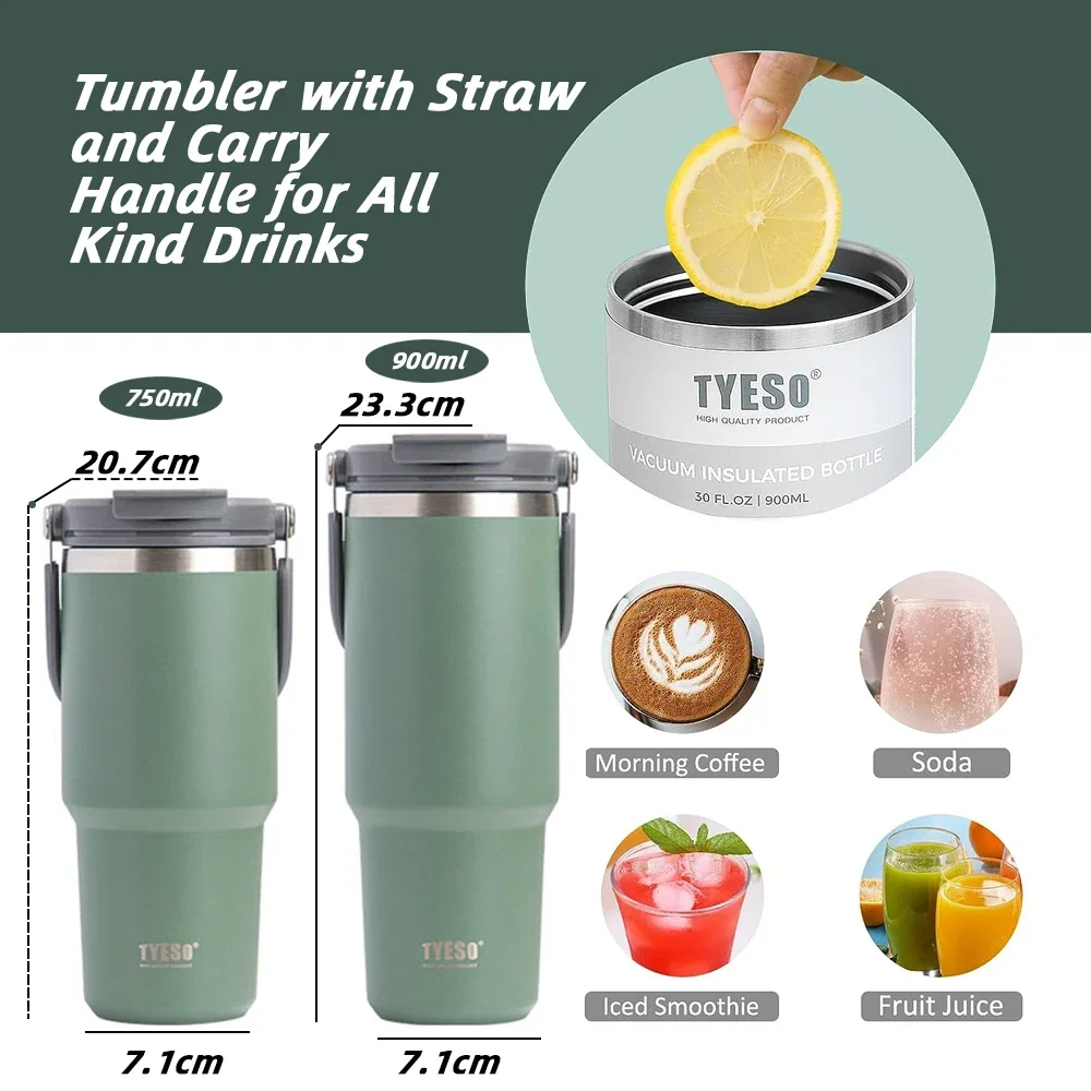 TYESO Thermal Cup Tumbler Thermos Bottle with Handle Straw Coffee Mug Stainless Steel Insulated Vacuum Flasks Travle Drinkware