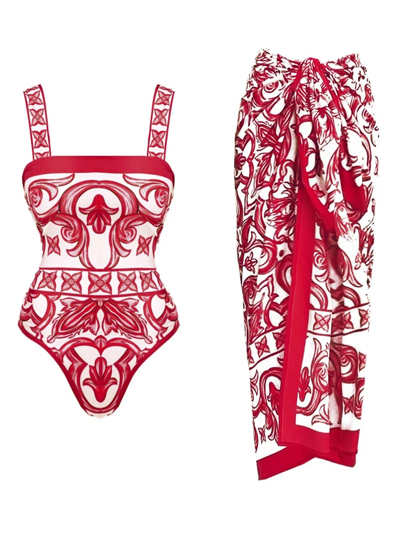 2024 New Ethnic Style Printed One Piece Swimsuit For Women Swimwear And Beach Sarong High Waist Bathing Suit Beachwear Monokini