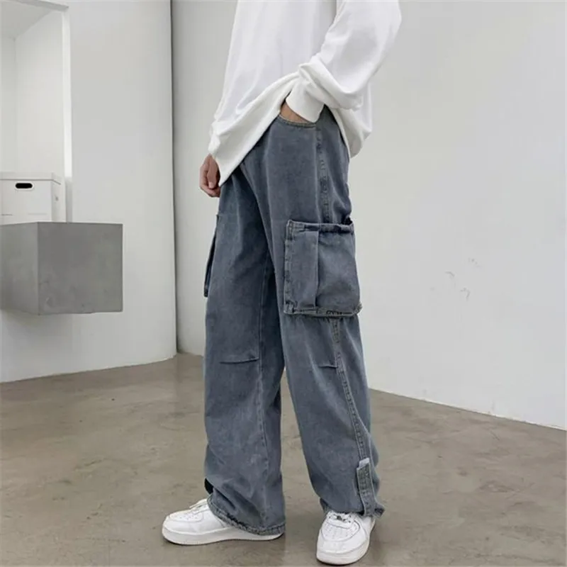 Jeans Men\'s Solid Color Multi-pocket Cargo Pants Button Loose Y2K Trousers A162