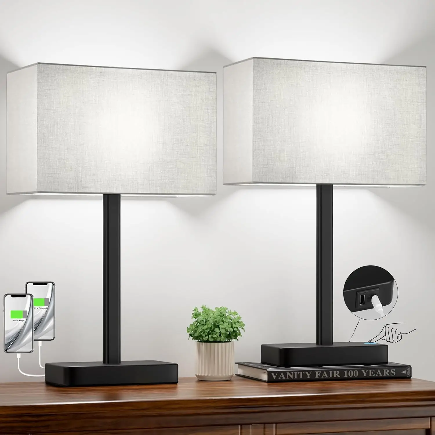 Touch Lamps for Bedroom - 3-Way Dimmable Bedside Lamps Set of 2 with USB C+A, Grey Modern Table Lamp for Night Stands