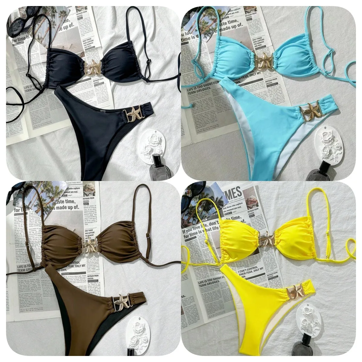 

2pc/lot Starfish Jewelry Bikini Swimsuit Women's Solid Color Sexy swimwear low waist shorts Adjustable strip Top Swimsuit
