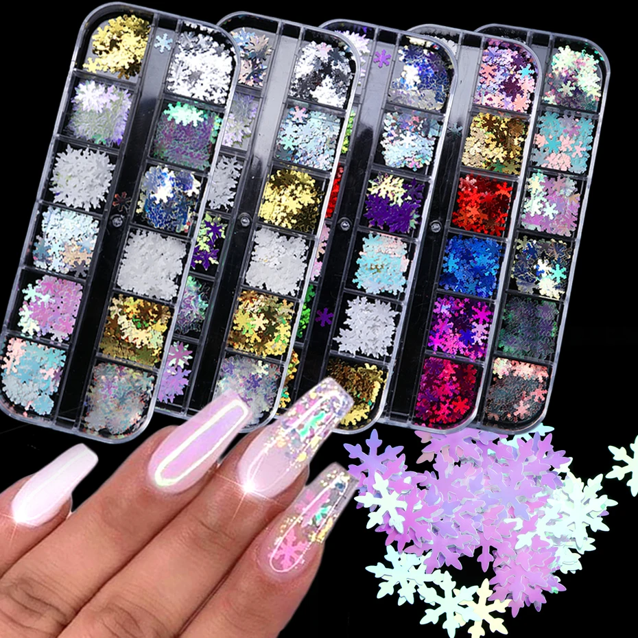 Winter Blue Snowflake Nail Art Decorations Iridescent White Glitter Flakes Sequins Manicure Supplies Christmas Nails Accessories