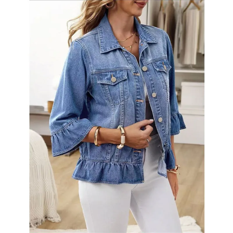 Women's Ruffle Cropped Denim Jacket for Women with Flared Three Quarter Sleeve, Notched Collar, Button Front and Front Chest