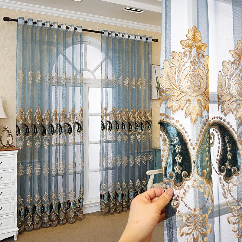 Custom Size Blue Embroidered Semi-blackout Gauze  Luxury Elegant Sheer Curtains for Living Dining Room Bedroom Door Fashion