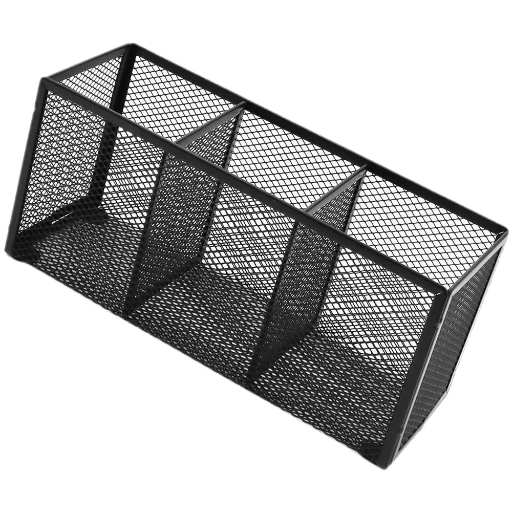 

Three Grid Storage Box Desktop Organizer Metal Mesh Pen Pencil Holder Multifunction Office Supply Stationery Black