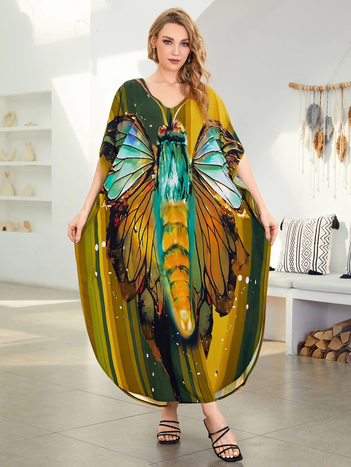 Loose V-neck Women's Kaftan Beach Dress Bohemian Butterfly Printed Comfy Beach Robe Wrap Beach Wear Bikini Cover Up