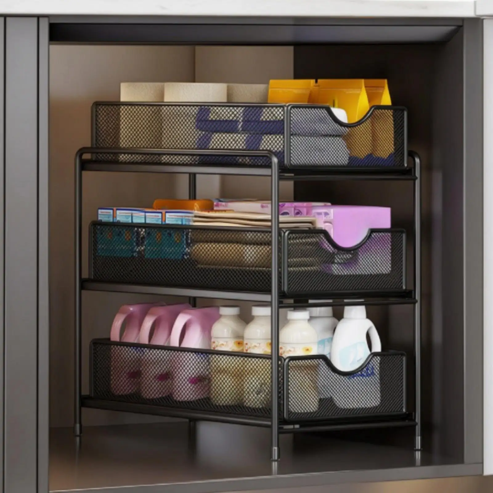 Under Sink Storage Rack Three Level Cabinet Organizer Shelf Organizer with Curved Front Pull Baskets for Kitchen and Bathroom