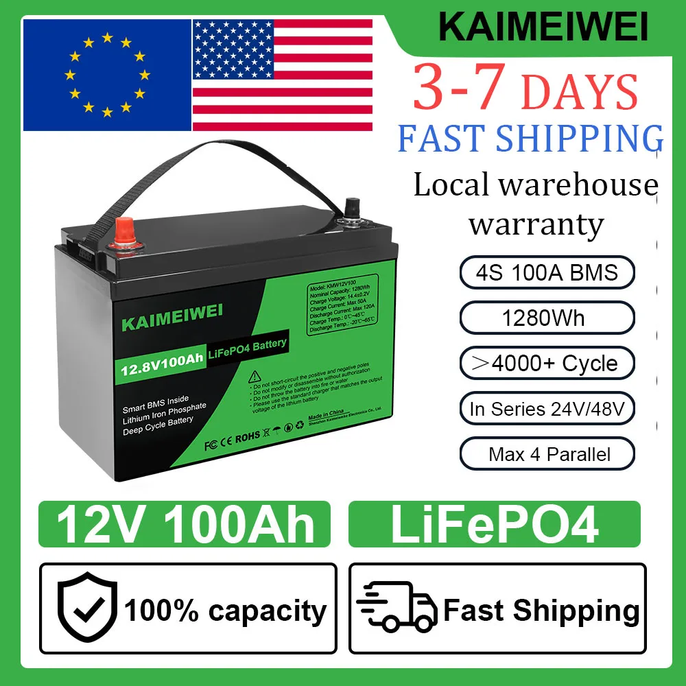 EU Stock ! Duty-free ! 12v 100Ah LiFePO4 Battery Pack Lithium Iron Phosphate Battery for Solar Power System RV House Trolling