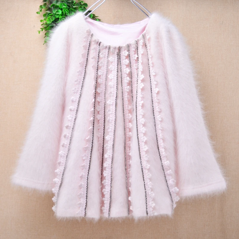 Women Mujer Autumn Winter Fashion Flower Sweet Pink Hairy Angora Rabbit Hair Three Quarter Sleeves Slim Sweater Jumper Pull Tops