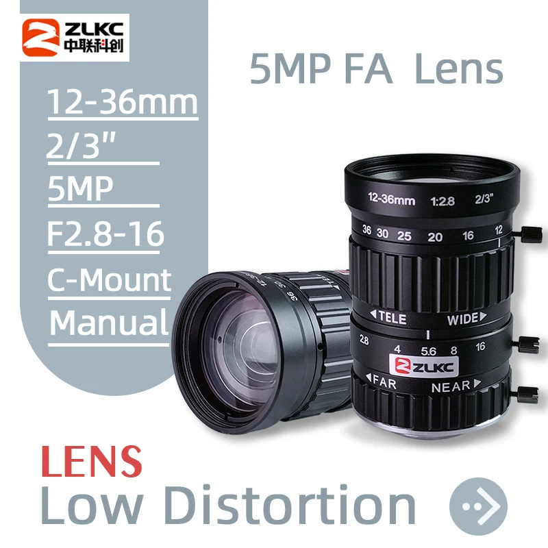 Obiektyw CCTV ZLKC 12-36mm zmiennoogniskowy 2/3 cala, ogniskowa 5 megapikseli, przysłona F2.8, mocowanie C-Mount, niskie zniekształcenia, kamera przemysłowa do wizji maszynowej.