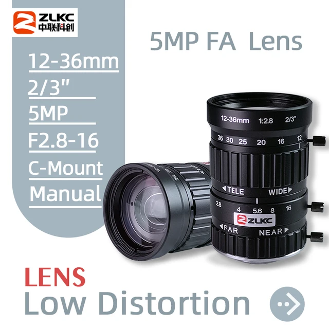 Obiektyw CCTV ZLKC 12-36mm zmiennoogniskowy 2/3 cala, ogniskowa 5 megapikseli, przysłona F2.8, mocowanie C-Mount, niskie zniekształcenia, kamera przemysłowa do wizji maszynowej.
