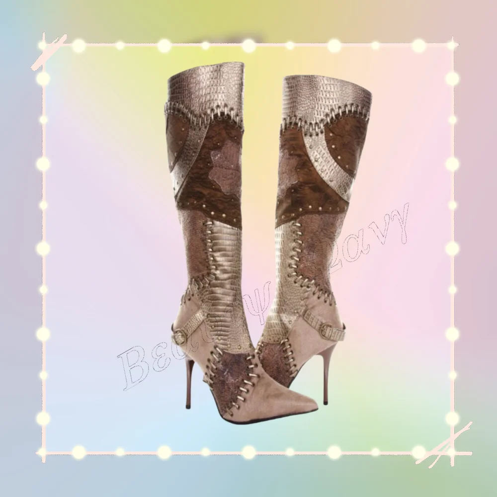 

Khaki Patchwork Pointed Toe Boots Side Sewing Decor Thin Heels Shoes Mid Calf Shoes for Women Shoes 2025 Zapatos Para Mujere