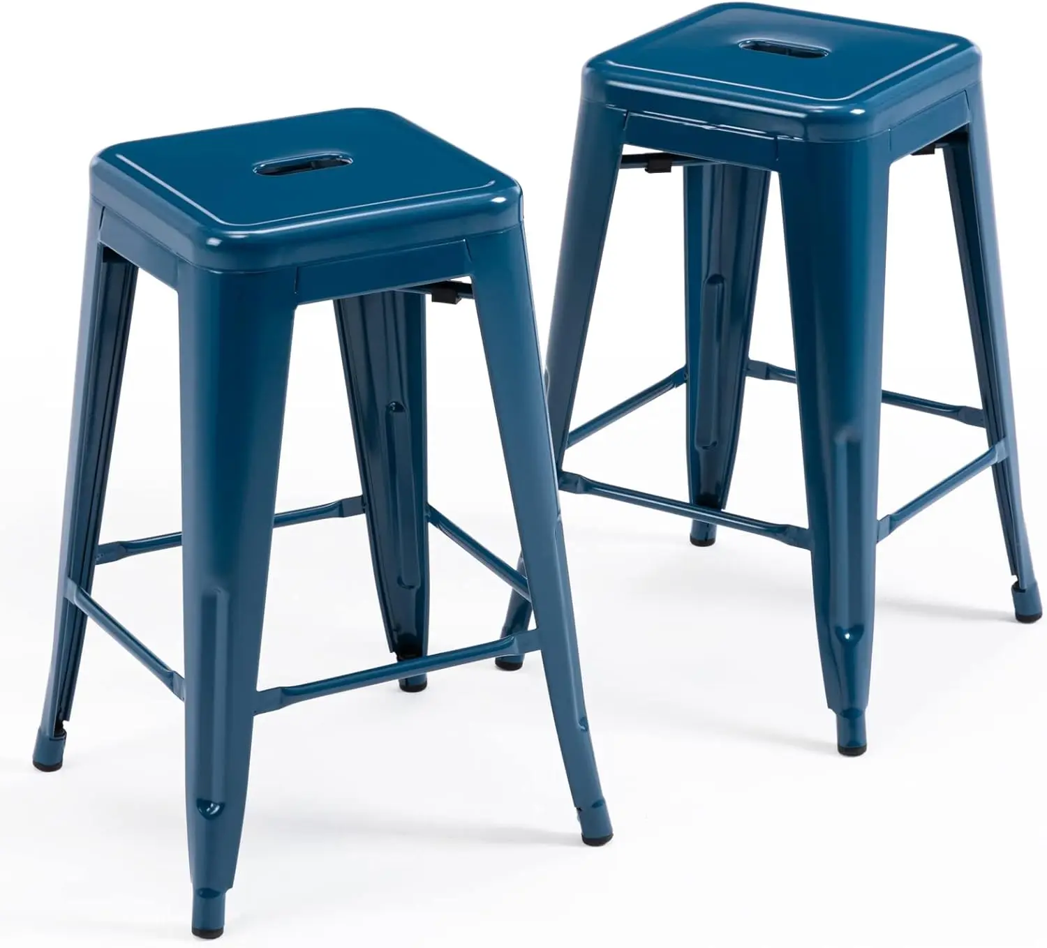 Metal Bar Stools, Backless Counter Height Barstools, Indoor Outdoor Stackable Stools with Square Seat, Set of 2 (Deep Blue)