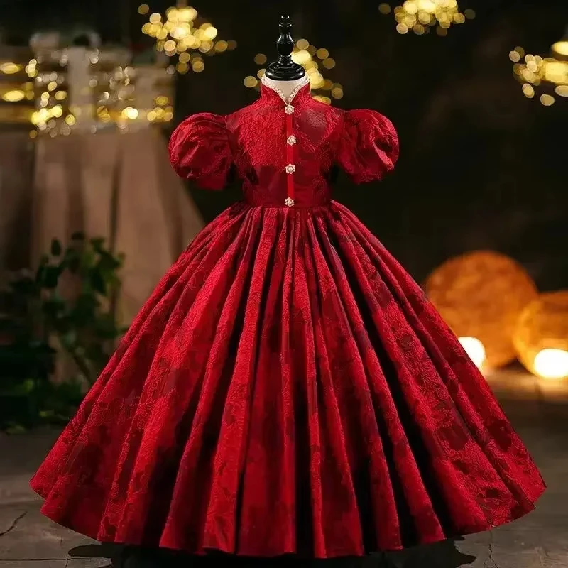 2025 Elegant Girl Dresses New Puff Sleeves Long Ball Infant Kid Clothes Gowns Young Girls Floral Red Dress Children VintageYears