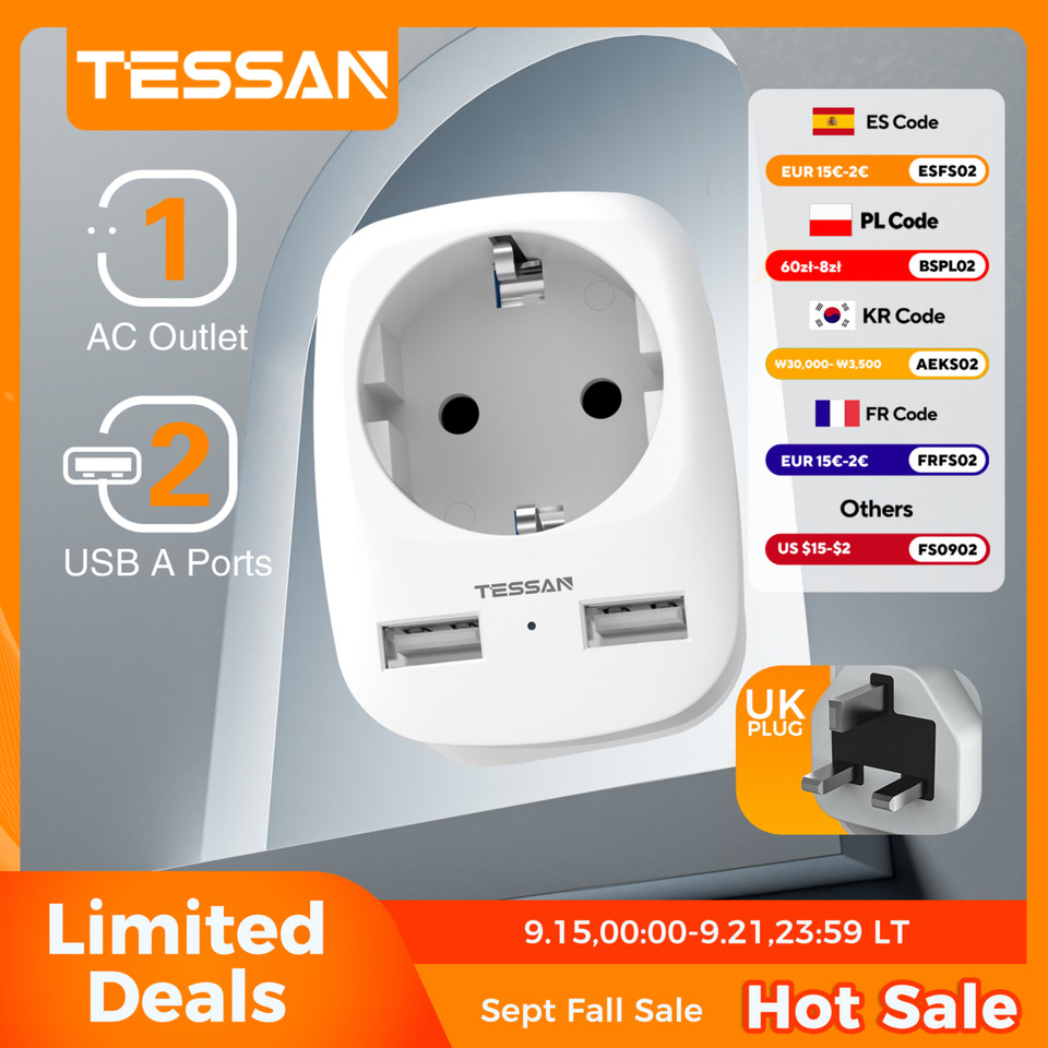  TESSAN EU To UK Travel Adapter Portable Wall Socket with 1 Outlet 2 USB Ports Type G A I F Plug To US/DE/AU/England Adapter 