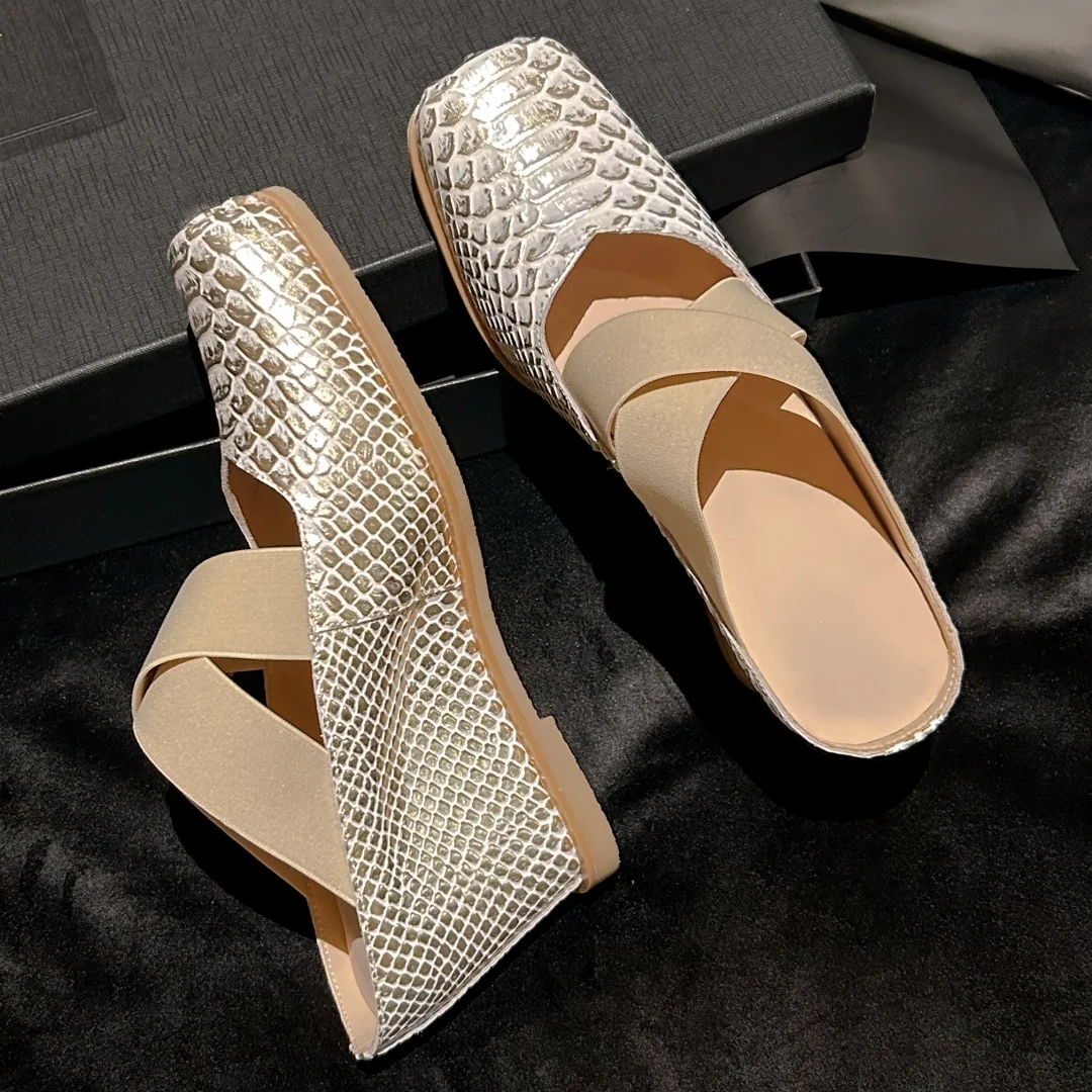 Women's genuine leather snake pattern square toe slip-on summer mules wedge high heel elastic band cross strap heeled sandals