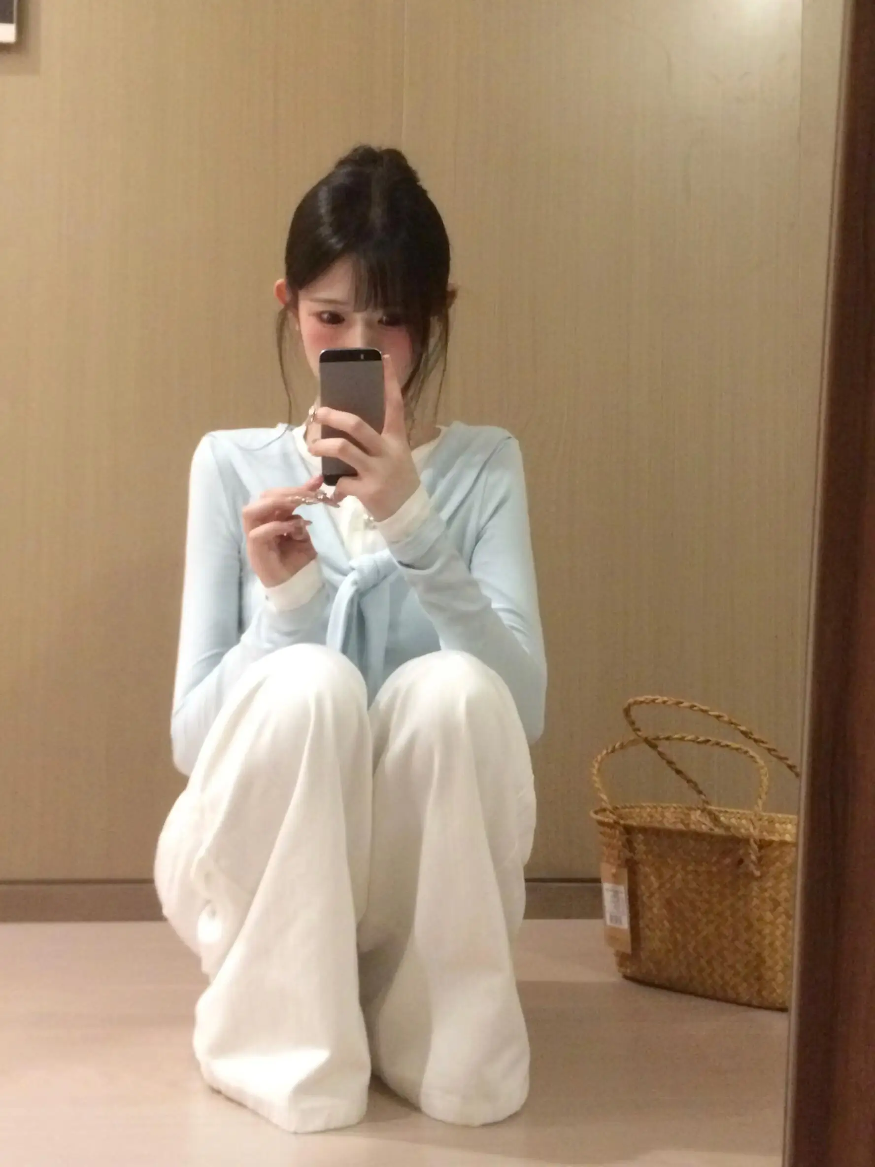 Baby Blue Long Sve T-irt Women's Inner Wear Netie Naval Collar Base irt Top Korean Sle Commute Faion Splice Pattern