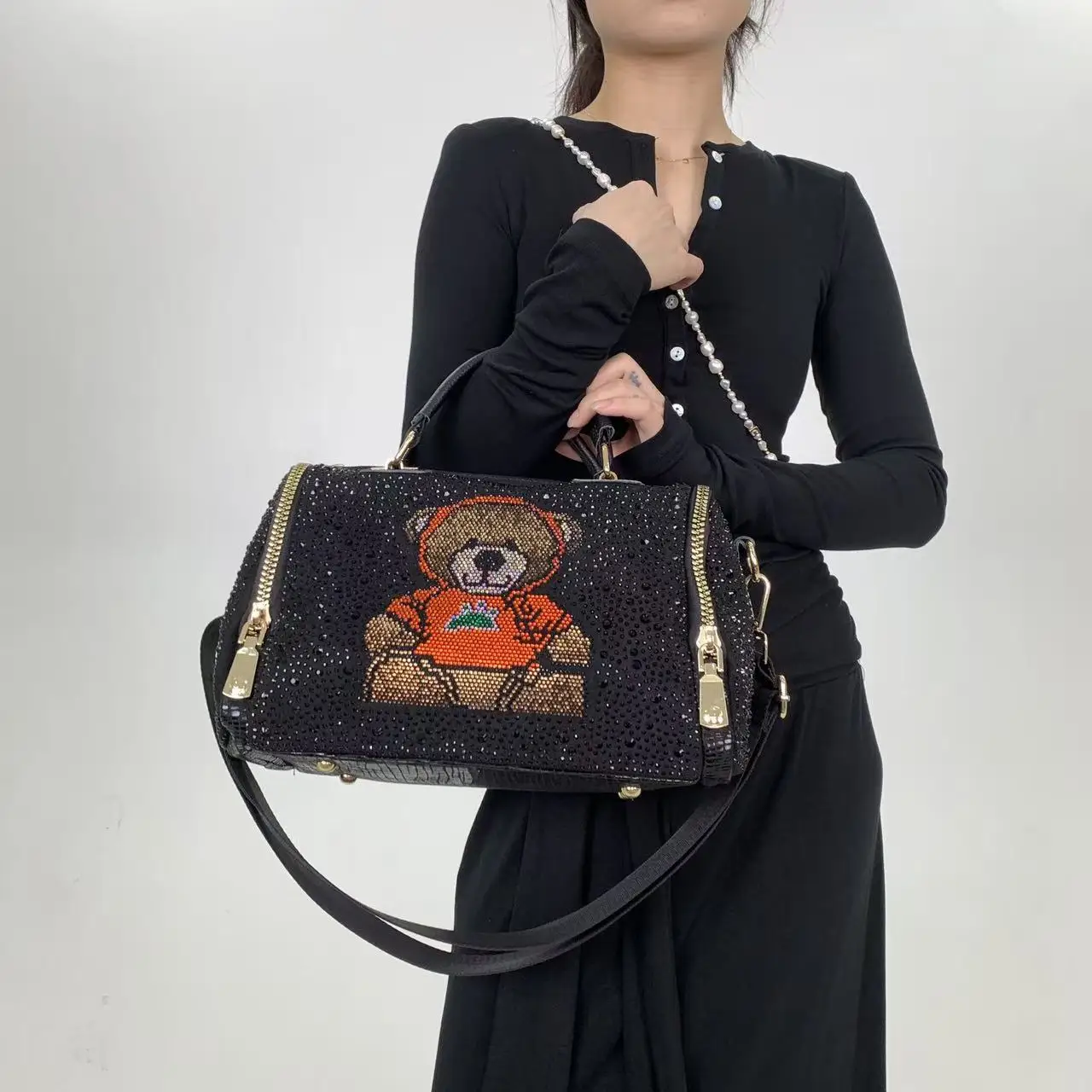 Women's Handbag Black Real Leather with Mesh Shoulder Bag Ita Boston Luxury Shiny Messenger Bag Bolsas De Mujer