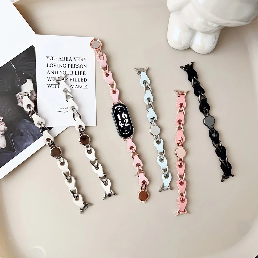 سوار متأنق رسمي لـ Xiaomi Smart Band 8/9/ 10 Mi حزام بديل من الجلد الطبيعي مع سوار معصم من الفولاذ المقاوم للصدأ