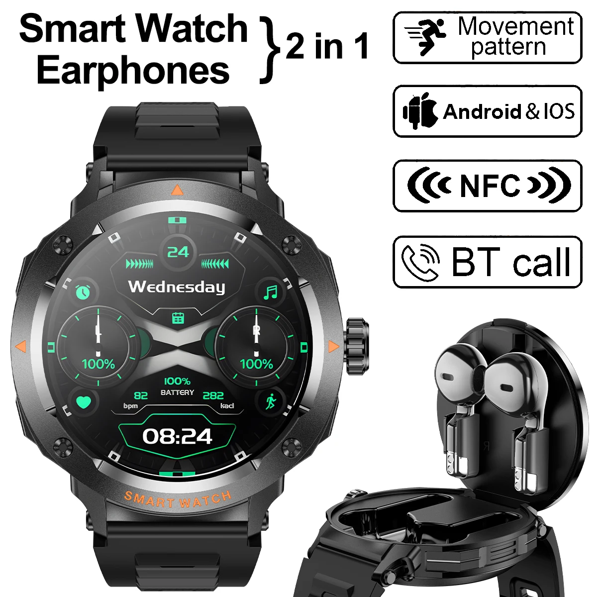 

NFC Smart Watch Wireless Earphone TWS 2 in1 Bluetooth Call Music Men Smart Watches Heart Rate Monitor Smartwatch with Headphones