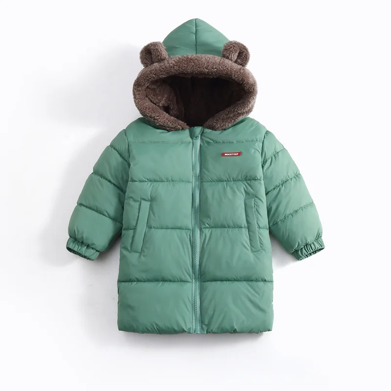 Neue doppelseitige Winter-Daunenjacke für Kinder, Jungen und Mädchen, mittellanger warme Mantel mit Bärenohren-Kapuze. – Detail 5
