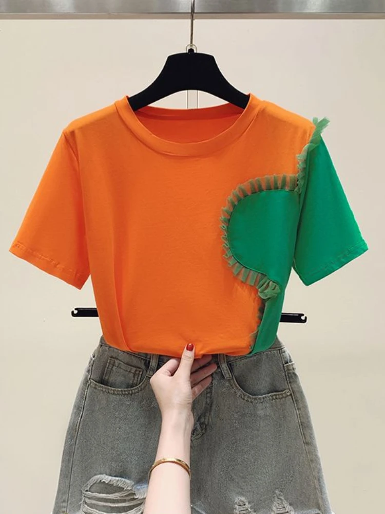 

Summer Plus Size Color-Block Y2k T-Shirt Women's Casual Sportswear New Office Top Mesh Lace Round Neck Loose Short-Sleeved Tees