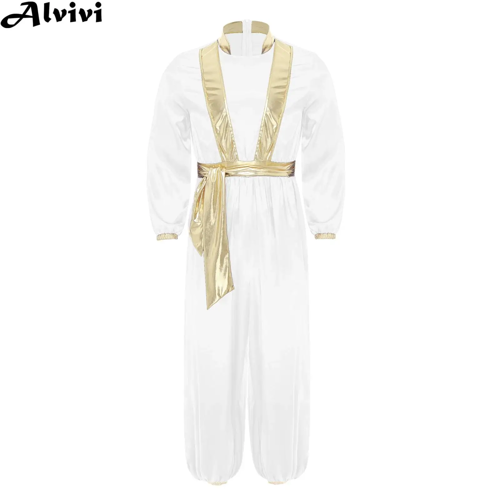 

Мужской арабский сказочный принц, карнавальный костюм с длинными рукавами и молнией, металлический глянцевый комбинезон для тематической вечеринки на Хэллоуин