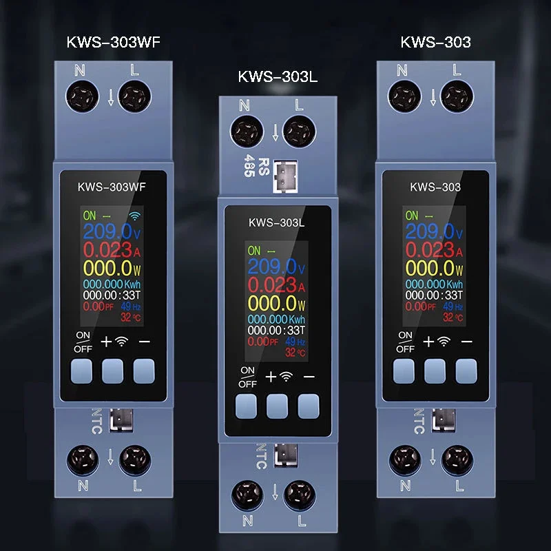 Din Rail AC Monitor KWS-303WF/KWS-303L/KWS-303 8-in-1 100-290V 40A Power Factor Frequency KWH Meter WiFi Control
