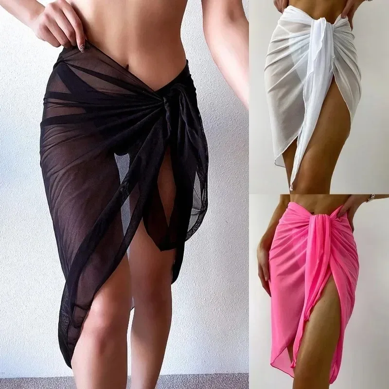 Women's Mesh Swimsuit Cover Summer Wrap Sheer Wrap Beach Dress Knot Waist Swimsuit Cover Up Skirt Bikini Wraps Scarf Swimwear