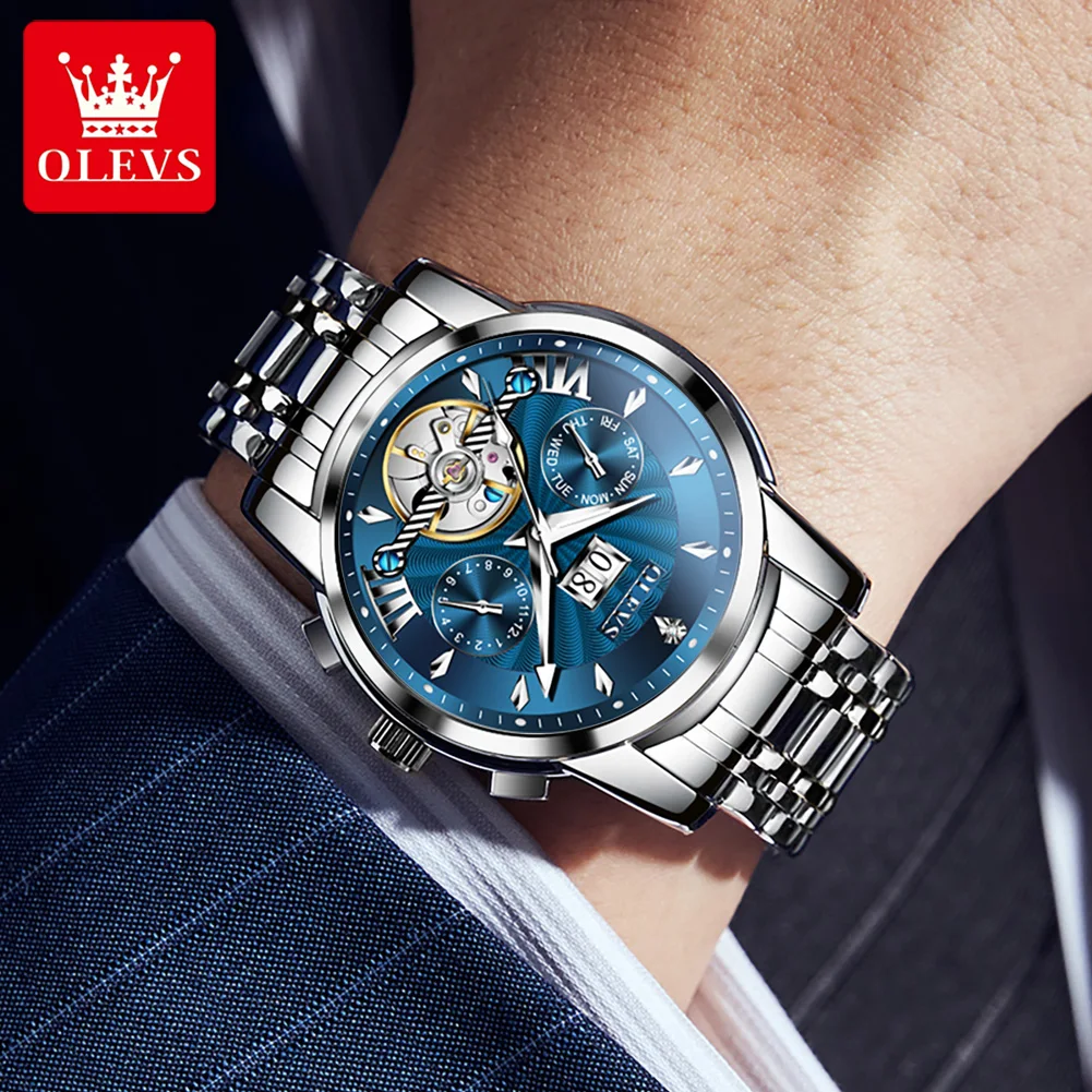 OLEVS 2023 New Skeleton Flywheel Mechanical Watch for Men Waterproof Luminous Watches Luxury Top Brand Men\'s Business Wristwatch