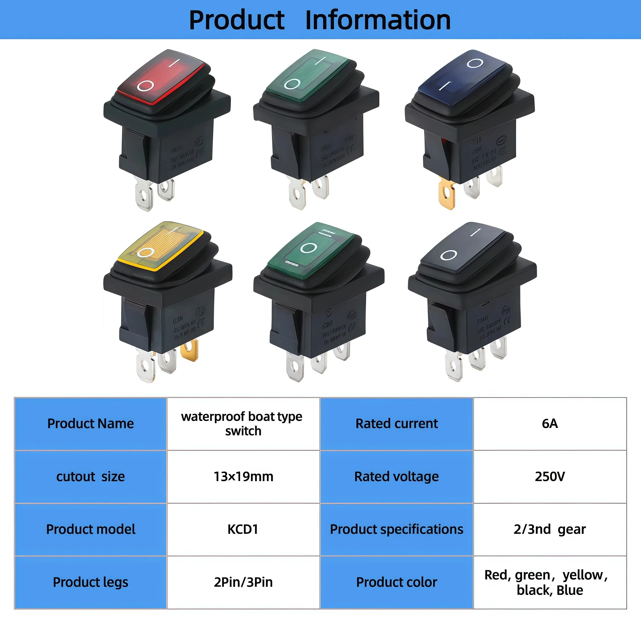 1PCS KCD1 Boat/Vehicle Rocker Switch 6A/10A 250V/125V Small Toggle Button Switch with LED Light 220V Waterproof Rocker Switch