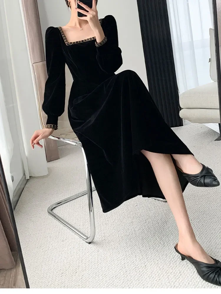 New French Vintage Elegant Dresses for Women Long Sleeve Streetwear Office Lady Solid Square Collar 2023 New Autumn Winte Dress