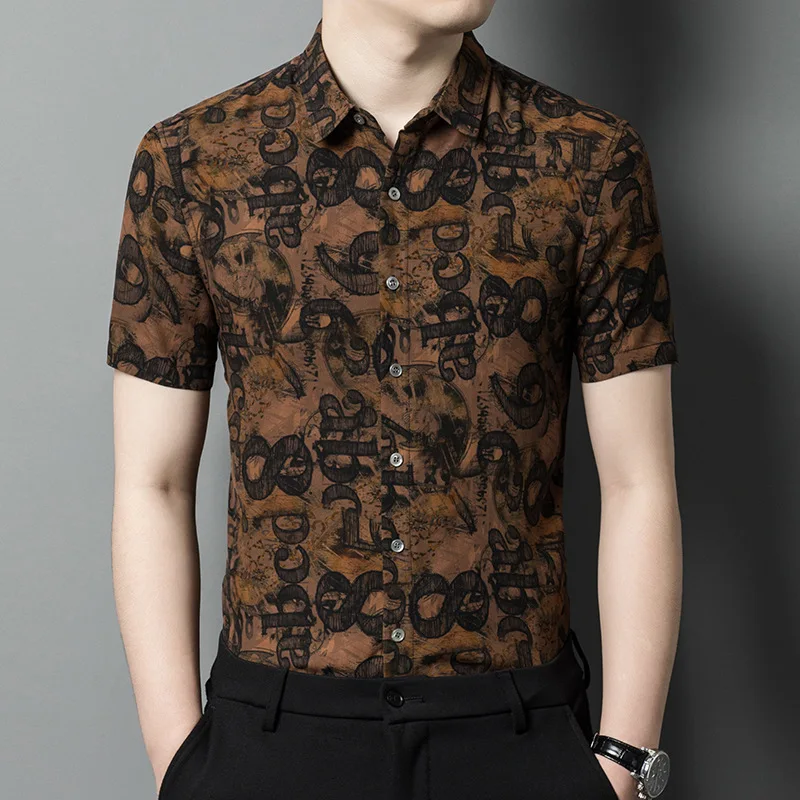 Men's high-end Xiangyunsha silk short-sleeved men's floral shirt casual printed non-iron shirt men's clothing