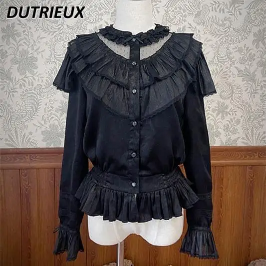 로리타 스타일 긴팔 내부 셔츠 스탠드 칼라 봄 가을 프릴 에지 캐주얼 셔츠 패션 여성의 우아한 탑