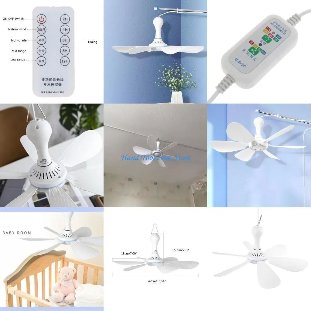 

H37F Universal 16inch USB Powered Remote Control 2-12 Hours Timing Camping Fan 4 Gear Ceiling Fan for Dorm Hiking