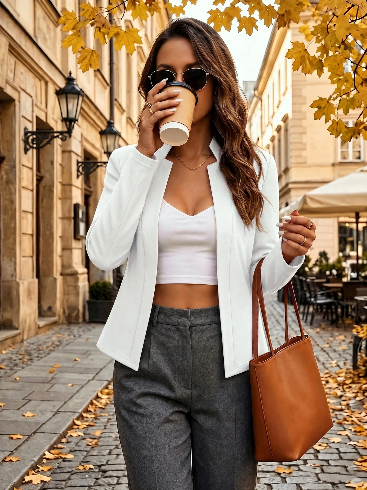 Women Solid Color Mandarin Collar Open Blazer Long Sleeve Slim Jacket Elegant Work Office Outer Coat