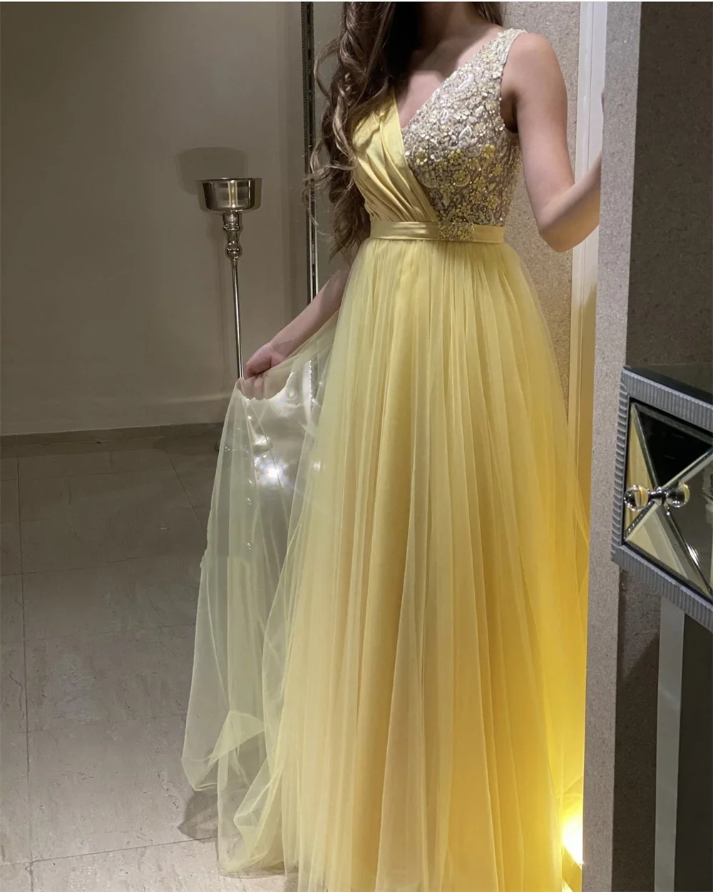 Jessica Yellow V-neck Prom Dress Tulle Sequins Evening Dresses Prom Dresses Elegant Lady Dinner Party Dresses 2024Wedding Dress