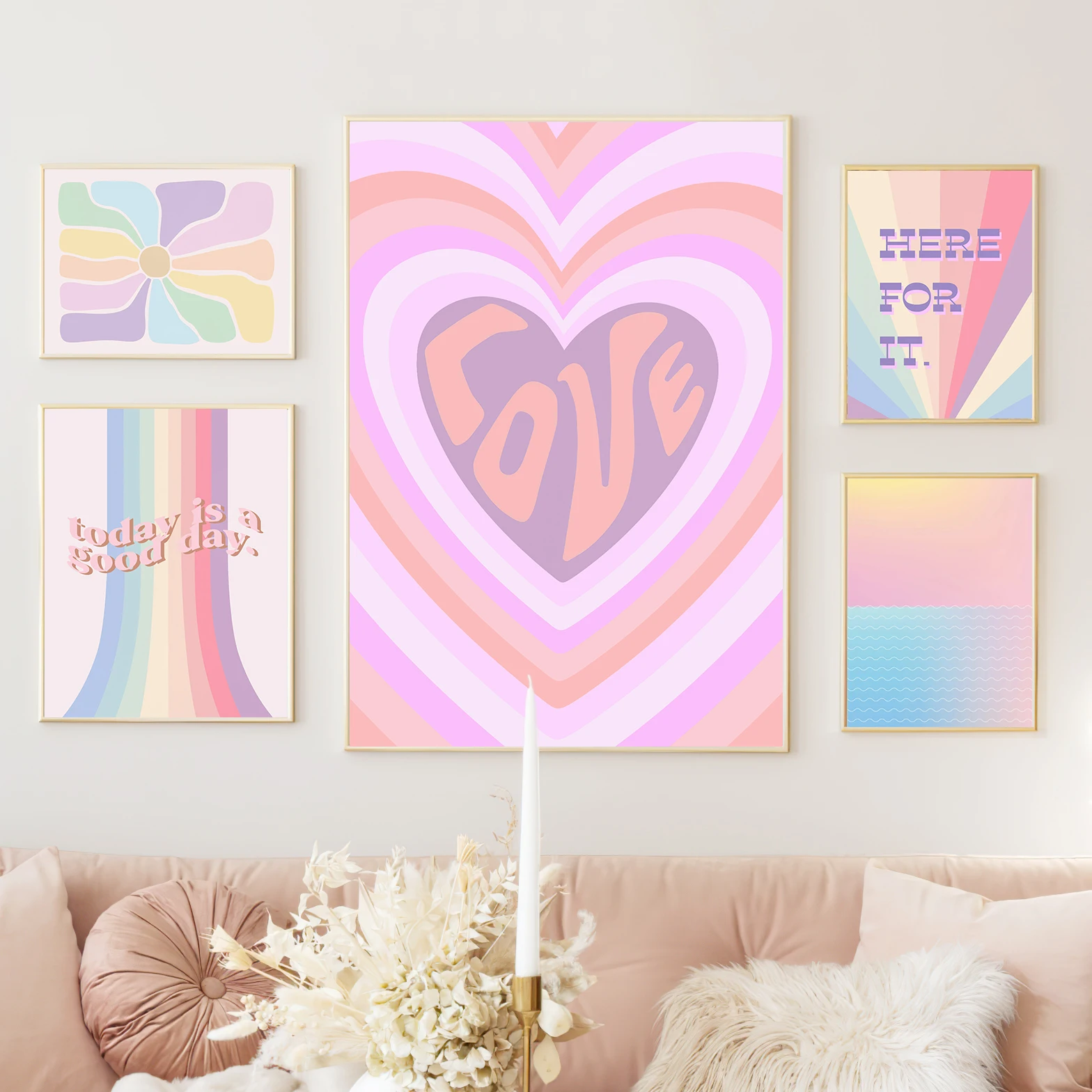 Pastel Y2K Groovy Wall Art Canvas Poster Print Rainbow Heart Retro Typography Abstract Colorful Girls Bedroom Dorm Home Decor