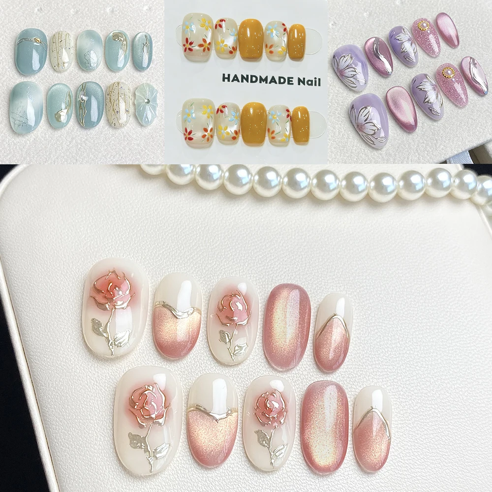 10pcs Gentle Elegant Hand Drawn Flower Press on Nail Gradient Cat Eye Gold Foil Diamond Pearl French Short DIY Manicure Nail Art