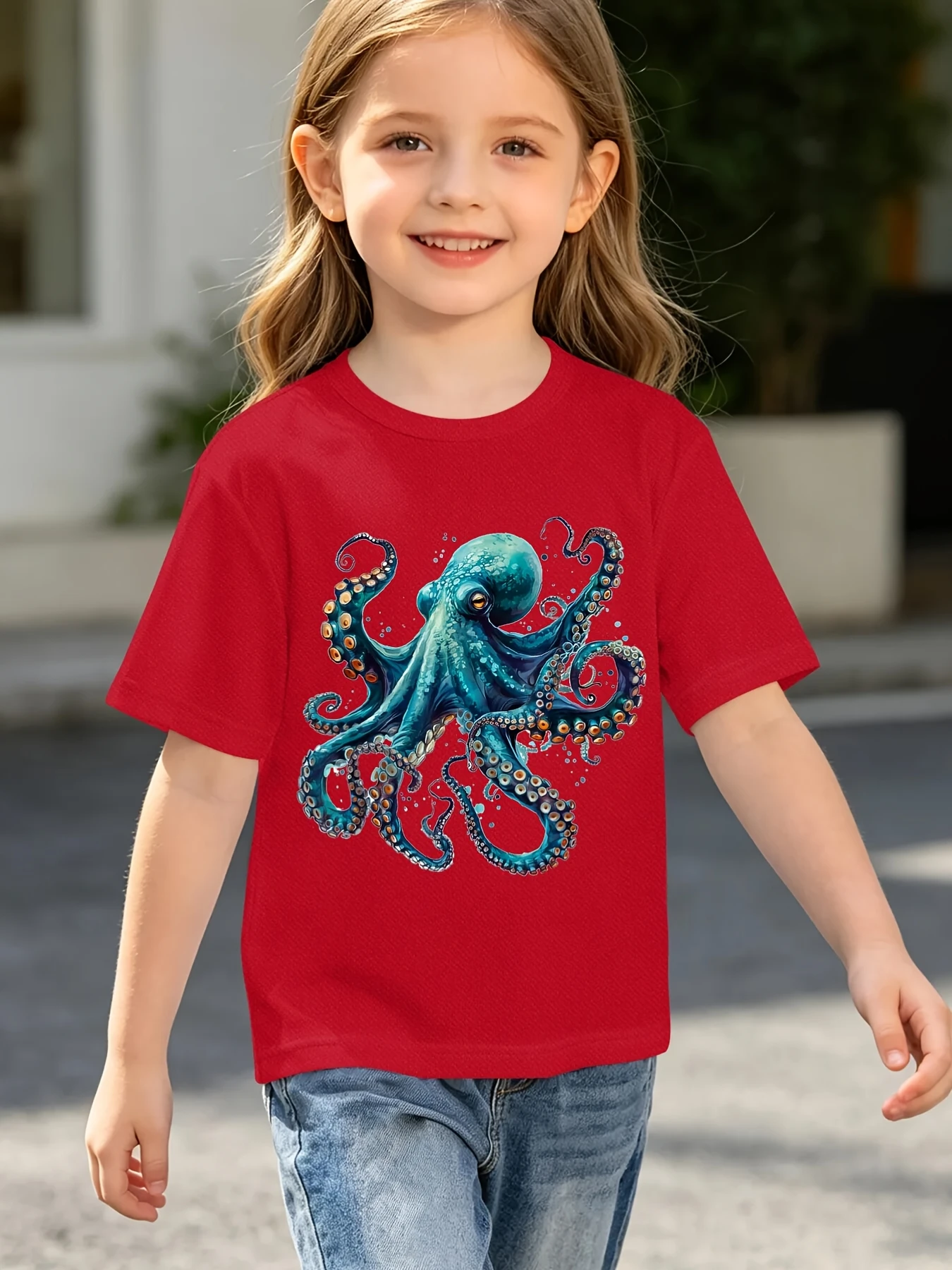 Vintage Blue Octopus Ocean Creature Print T Shirt Boys Girls Sea Animal Short Sleeve Tee Family Matching Kids Casual Cotton Tops