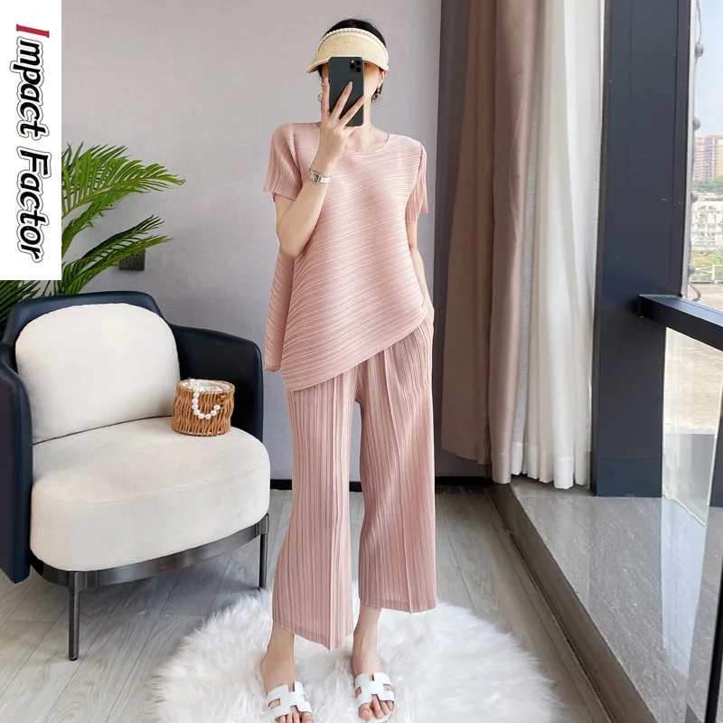 Miyake Pleated Set New Loose, Age Reducing, Meat Covering, Large Size, Stylish and Simple Pleated Two Piece Set for Women