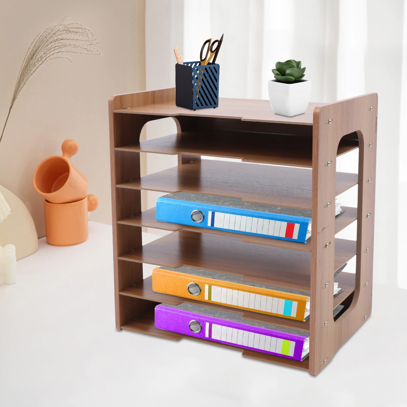 فارز مستندات خشبي واسع من 7 طبقات، منظم بريد سطح المكتب بسعة كبيرة لحمل أوراق A4 والكتب والمجلات في المكتب #5