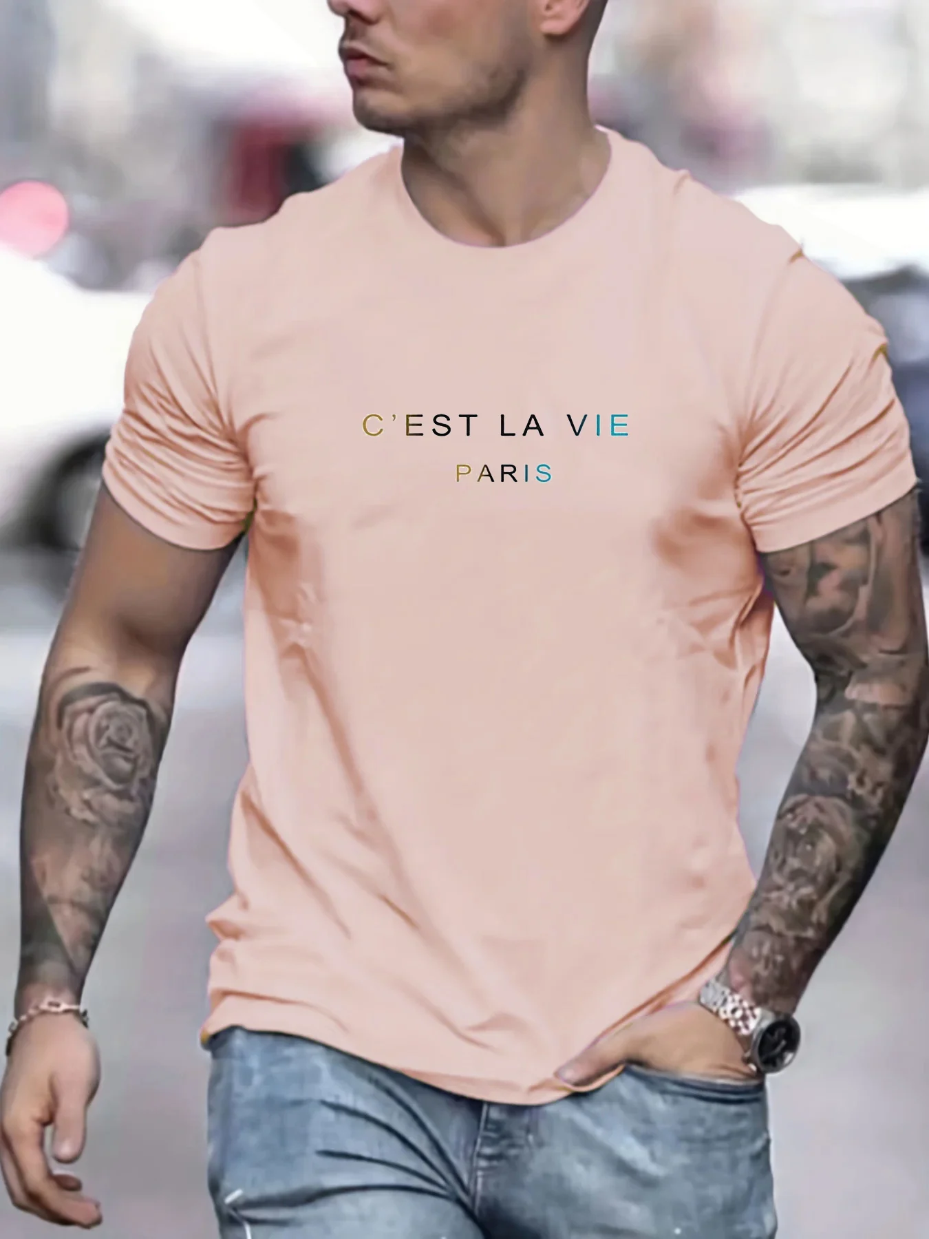Men's summer 100% pure cotton fashionable casual loose Paris letter printed round neck short sleeved T-shirt top image 2