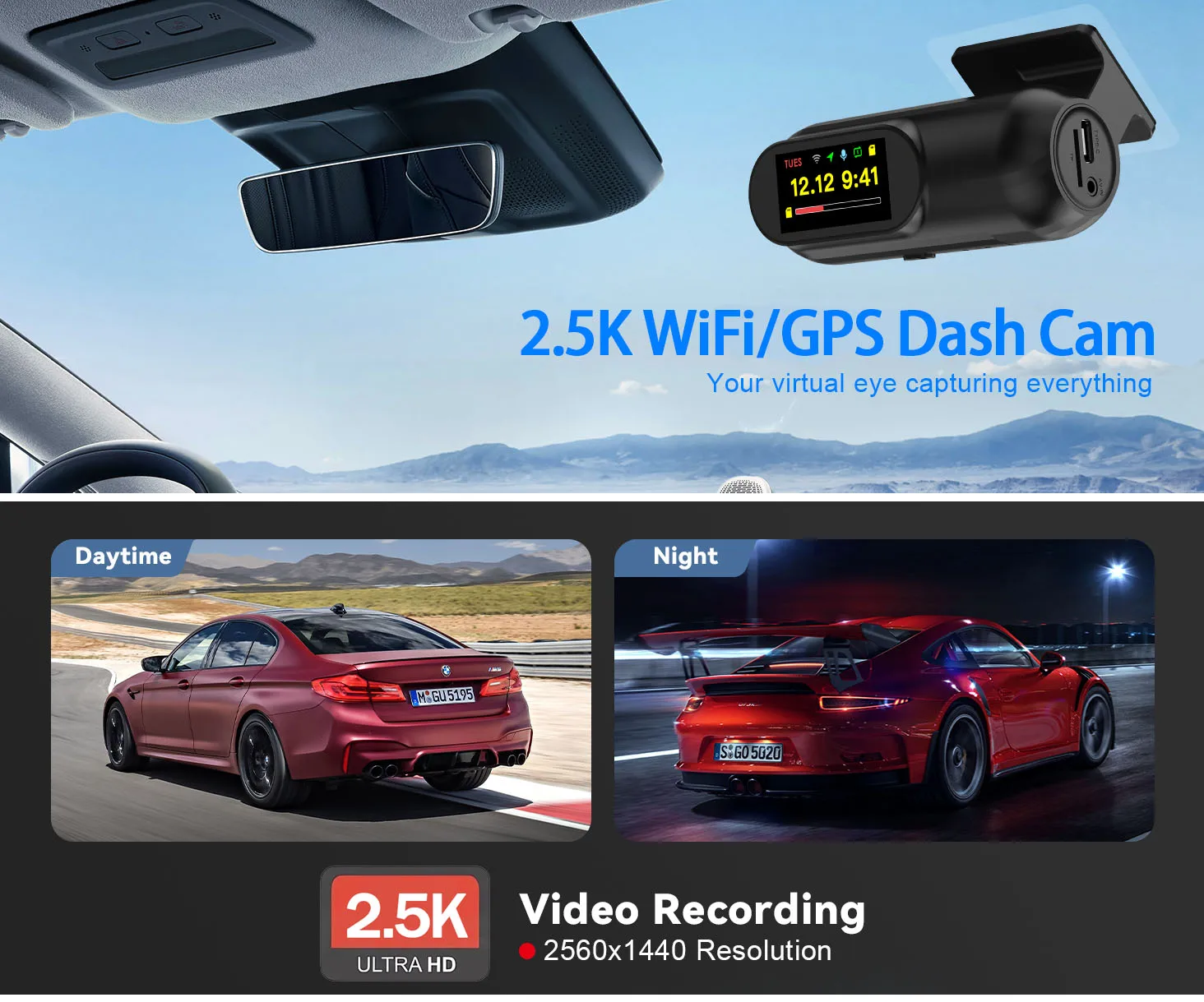 Mini 2K Dashcam WiFi Auto-DVR-Kamera Dashcam unterstützt GPS, Loop-Aufnahme, Nachtsicht, G-Sensor, Parküberwachung, Fahrtenschreiber – Detail 2